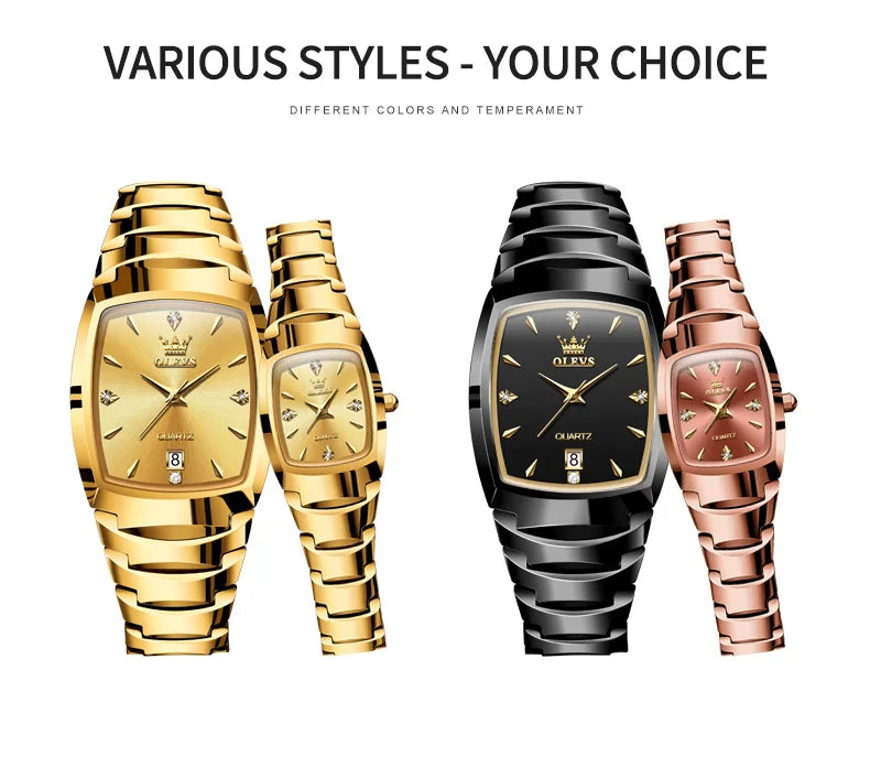 OLEVS 7006 Tonneau Tungsten Steel Couple Watch for Men Women Luxury Brand Quartz Lover's Watch His or Hers Waterproof Wristwatch