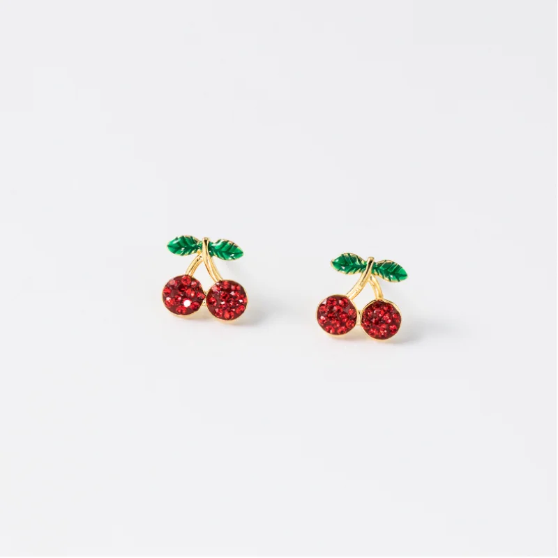 WANTME Fashion Romantic Sweet Red Zircon Cherry Fruit Studs Earrings Genuine 100% 925 Sterling Silver Girls Accessory Jewelry
