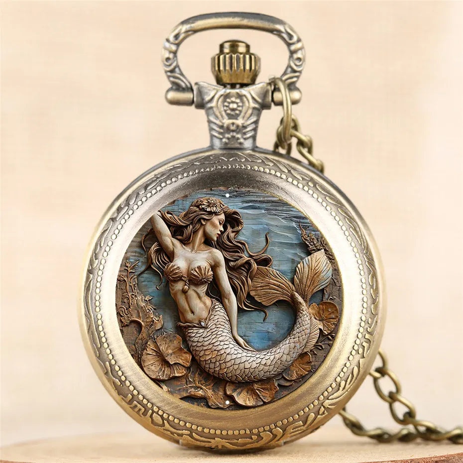 Vintage Cool Pocket Watch Mermaid Elegant Exquisite Clock With Necklace Chain Lovers Masculino Relogio Best Gift Pendant Small