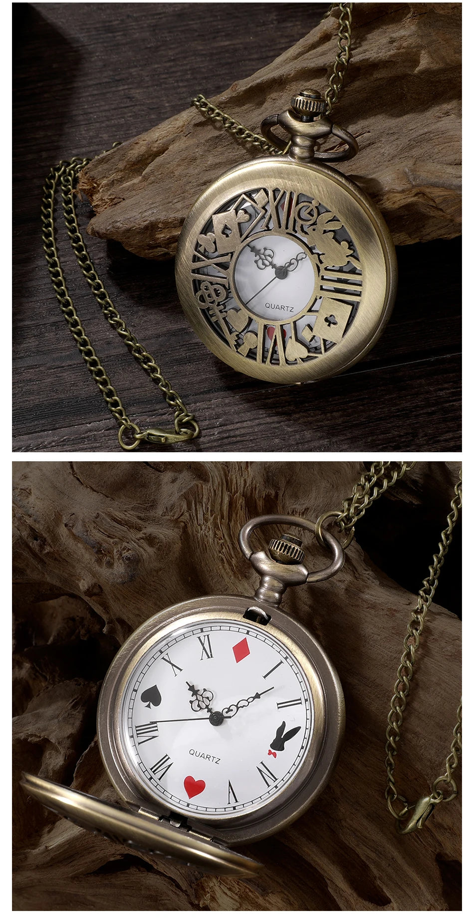 New Bronze Quartz Pocket Watch Retro Alice Theme Pocket Fob Watch Pendant Necklace Pocket Watch Men Womens Gift