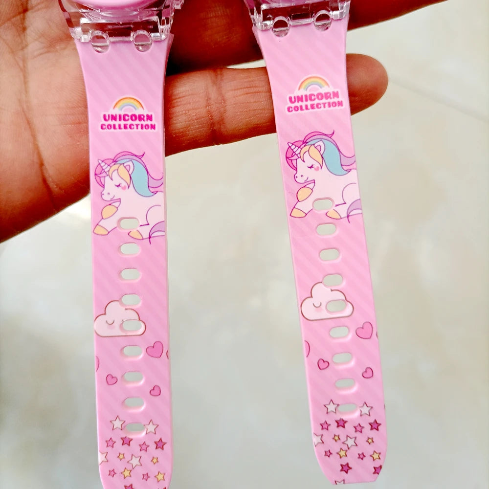 Cartoon Unicorn Collection Rainbow Printed Rubber Girls Kids Children Students Digital Flash Light Glow Up Party Gifts Watches