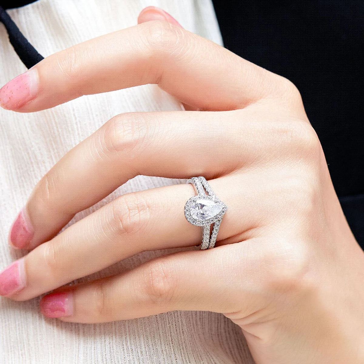 FIRERING 100% Genuine 1.5ct Water Drop Moissanite Two Rings 6X9MM GRA Certificate Passed Diamond Test Women Jewelry Gift S925