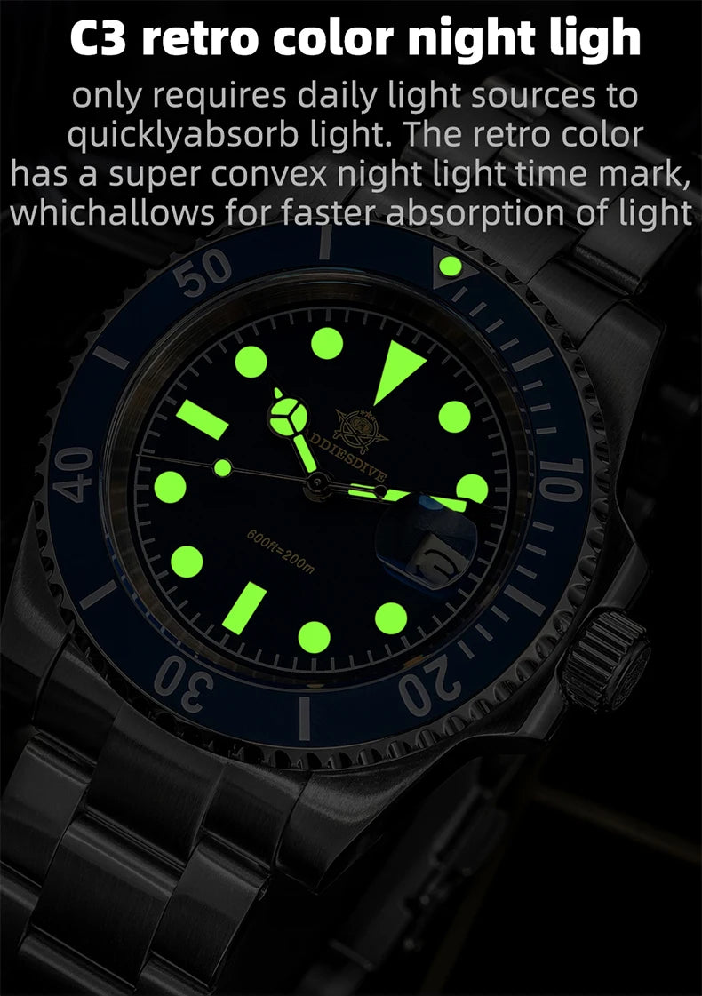 ADDIESDIVE AD2054 Stainless Steel Quartz Watch 200M Dive Watches Green Luminous Men's WristWatches Waterproof Relojes Masculino