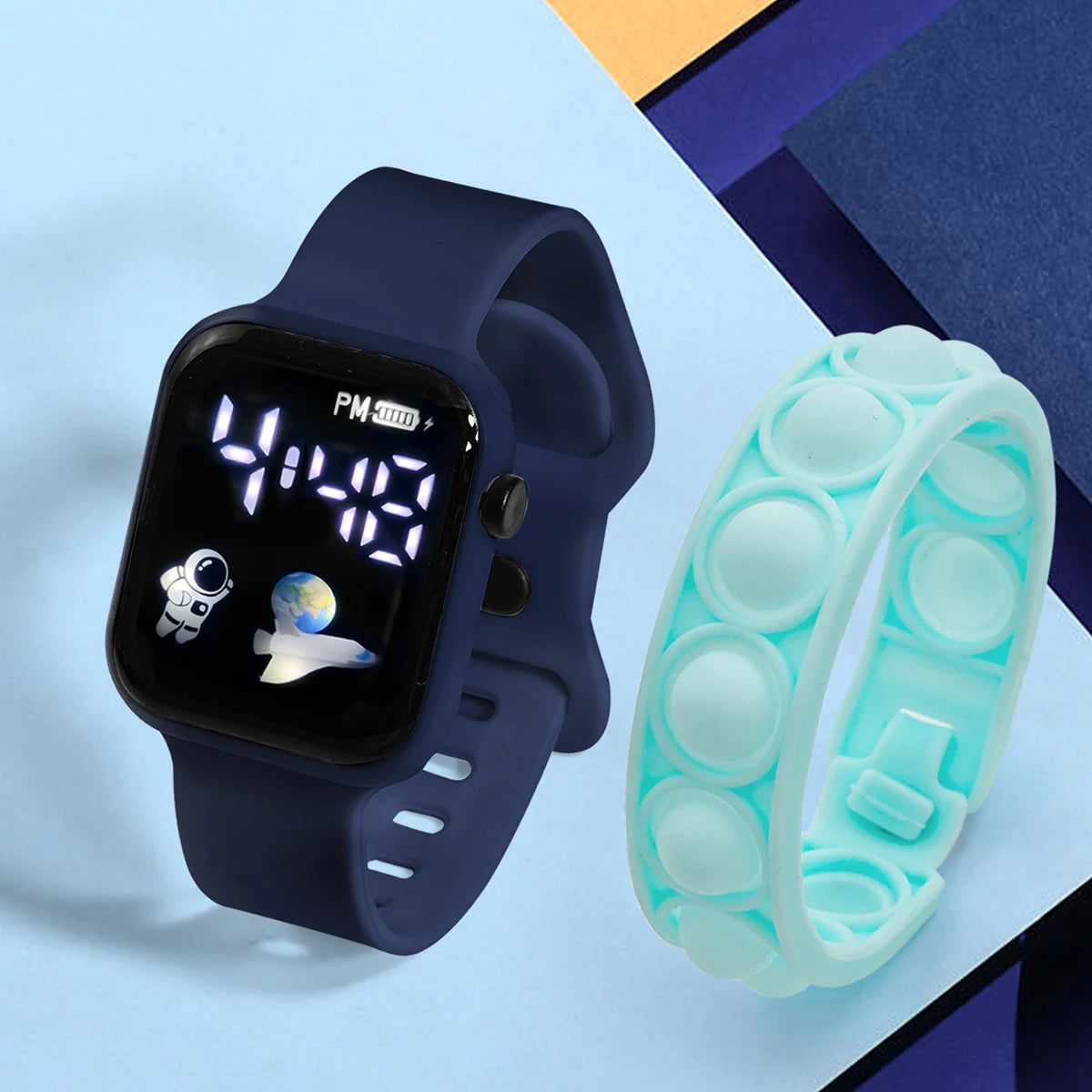 2PCS Children's Smart Watch Bracelet Simple and Fashionable Student Outdoor Sports Electronic Watch Gift for Boys and Girls