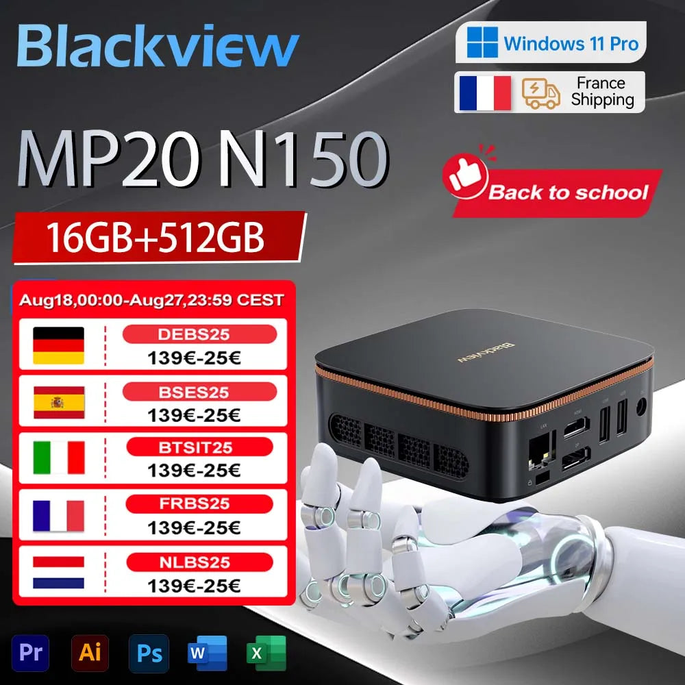 Blackview Mini PC MP20 Intel Twin Lake N150 Desktop Computer up to 3.6GHz 16GB DDR4 512GB SSD Wifi6 4 Cores 4 Threads Windows 11 Pro