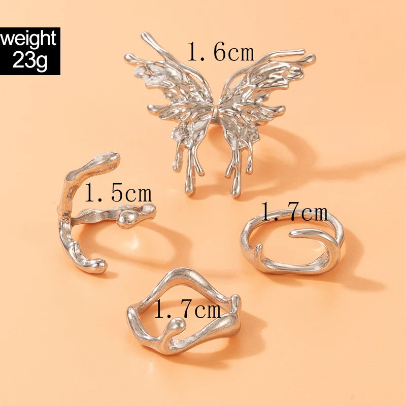 Tocona INS Big Butterfly Joint Ring Sets for Women Silver Color Geometry Alloy Metal Opening Ring Party Jewelry Anillo 22381