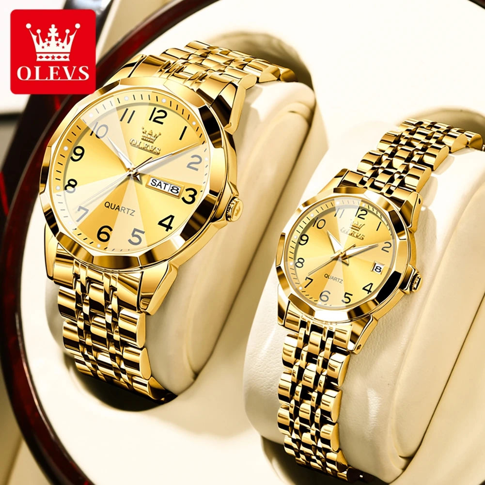 OLEVS 9970 Couple Watch For Men Women Luxury Number Dial Rhombus Mirror Quartz Hand Clock Stainless Steel Original Dress Watches