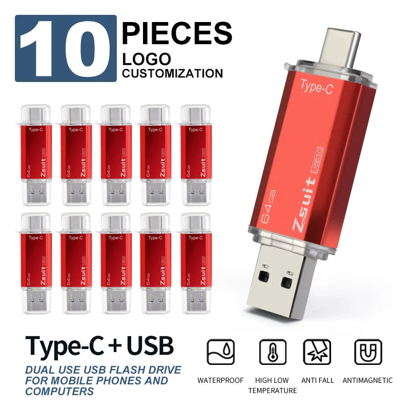 10Pcs/Lot Type-c Flash Drive 16GB 32GB Metal OTG 2 IN 1 Pen Drive 3.0/2.0 Memory Stick USB Free Logo cle Usb Waterproof U Disk