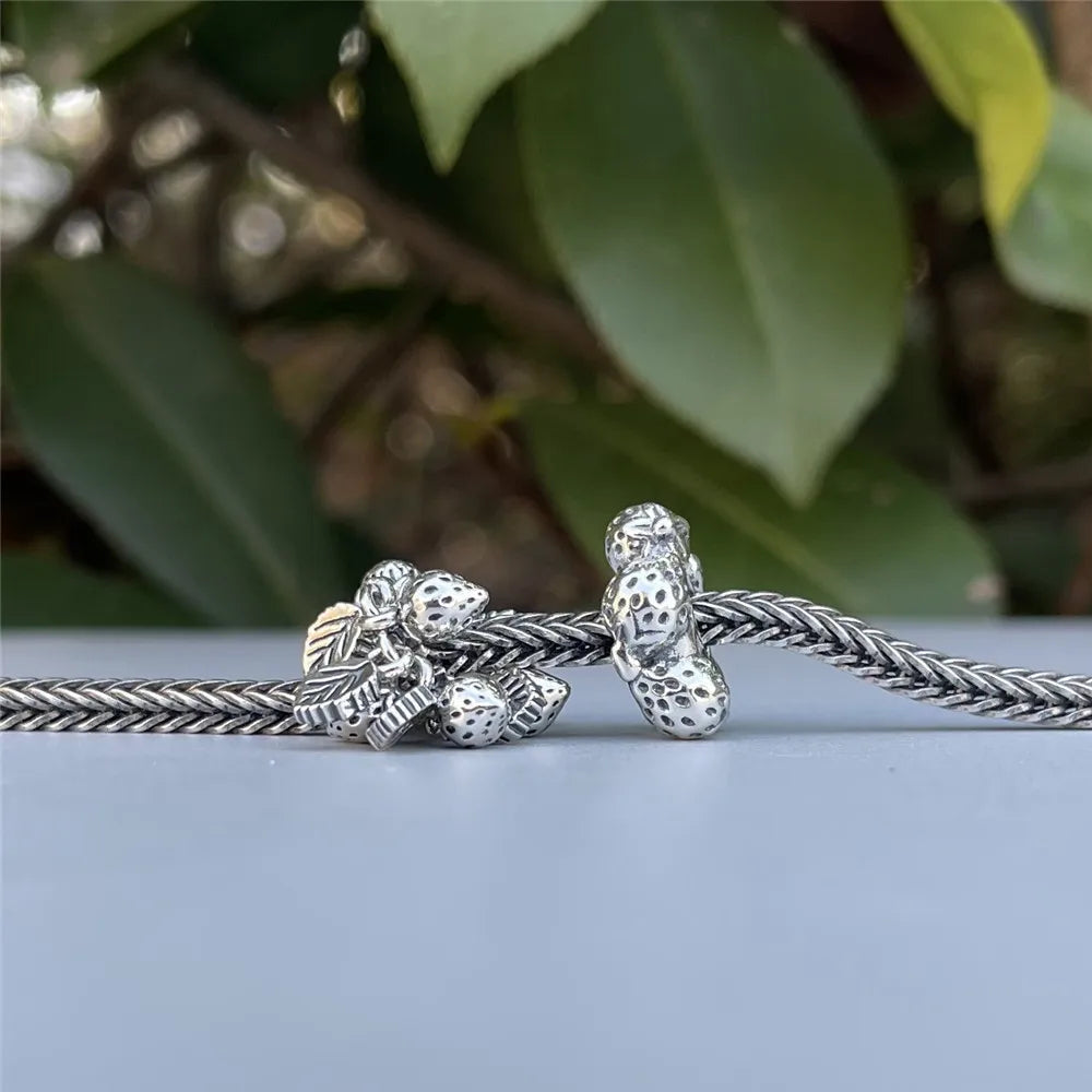 Mistletoe 925 Sterling Silver Cute Sweet Strawberries Stopper Spacer Charm Bead Fit European 3.0mm Bracelet Jewelry