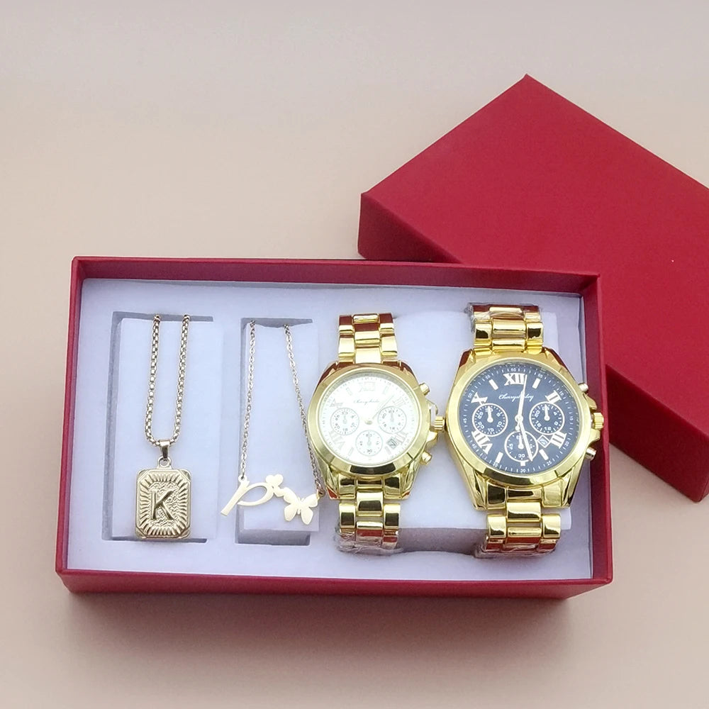 Couple Watch Set Men Quartz Steel Watch for Lovers Luxury Womens Wristwatch Relogio Feminino With Bracelet Nesklace 4Pcs Gifts