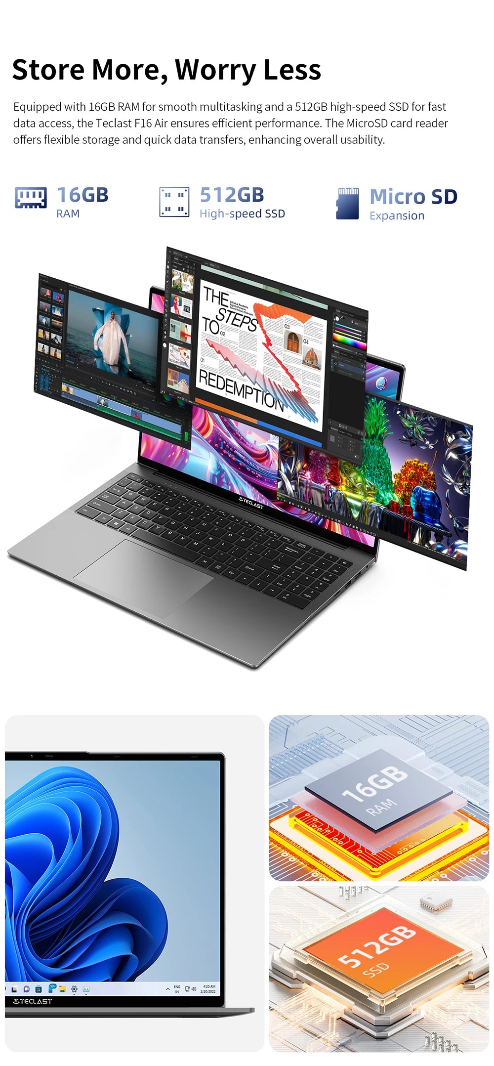 TECLAST F16 Air Laptop 16 inch Backlit Keyboard 180 Degree Flip 16GB RAM ROM 512GB 1920x1200 IPS fits Intel N95 CPU Support Mini-HDMI