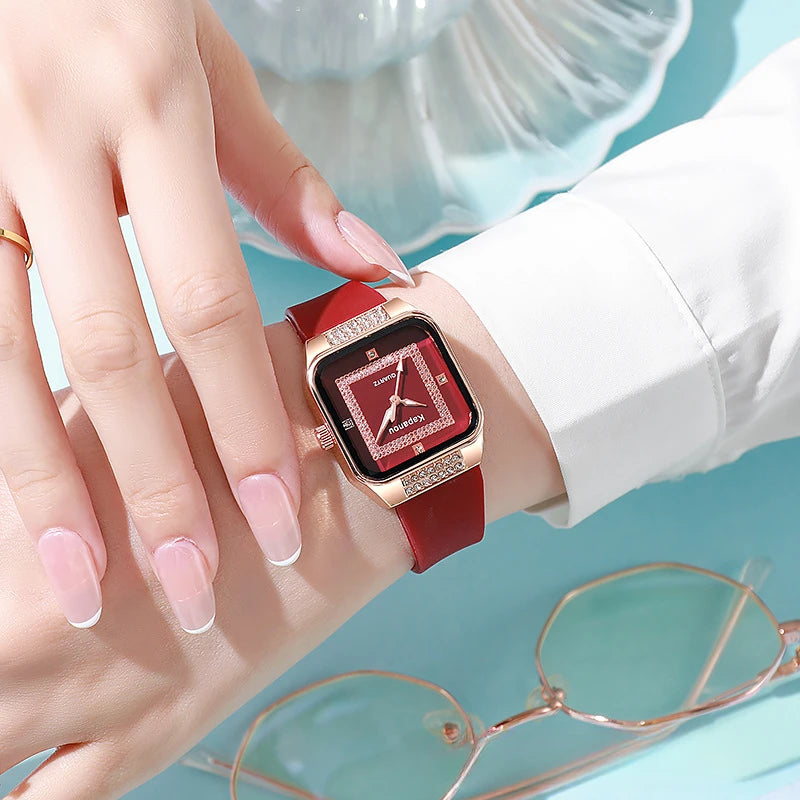 Women's fashionable square shell watch with diamond inlaid silicone quartz watch
