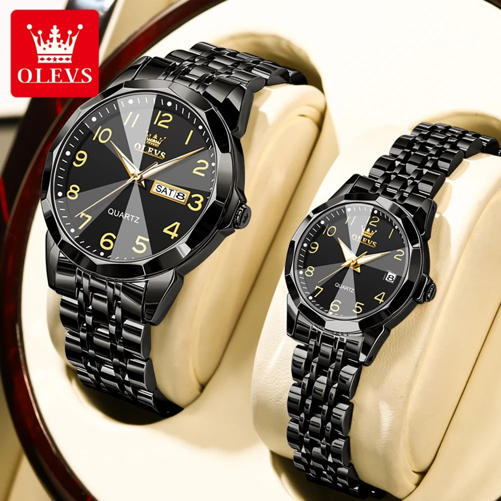 OLEVS 9970 Couple Watch For Men Women Luxury Number Dial Rhombus Mirror Quartz Hand Clock Stainless Steel Original Dress Watches