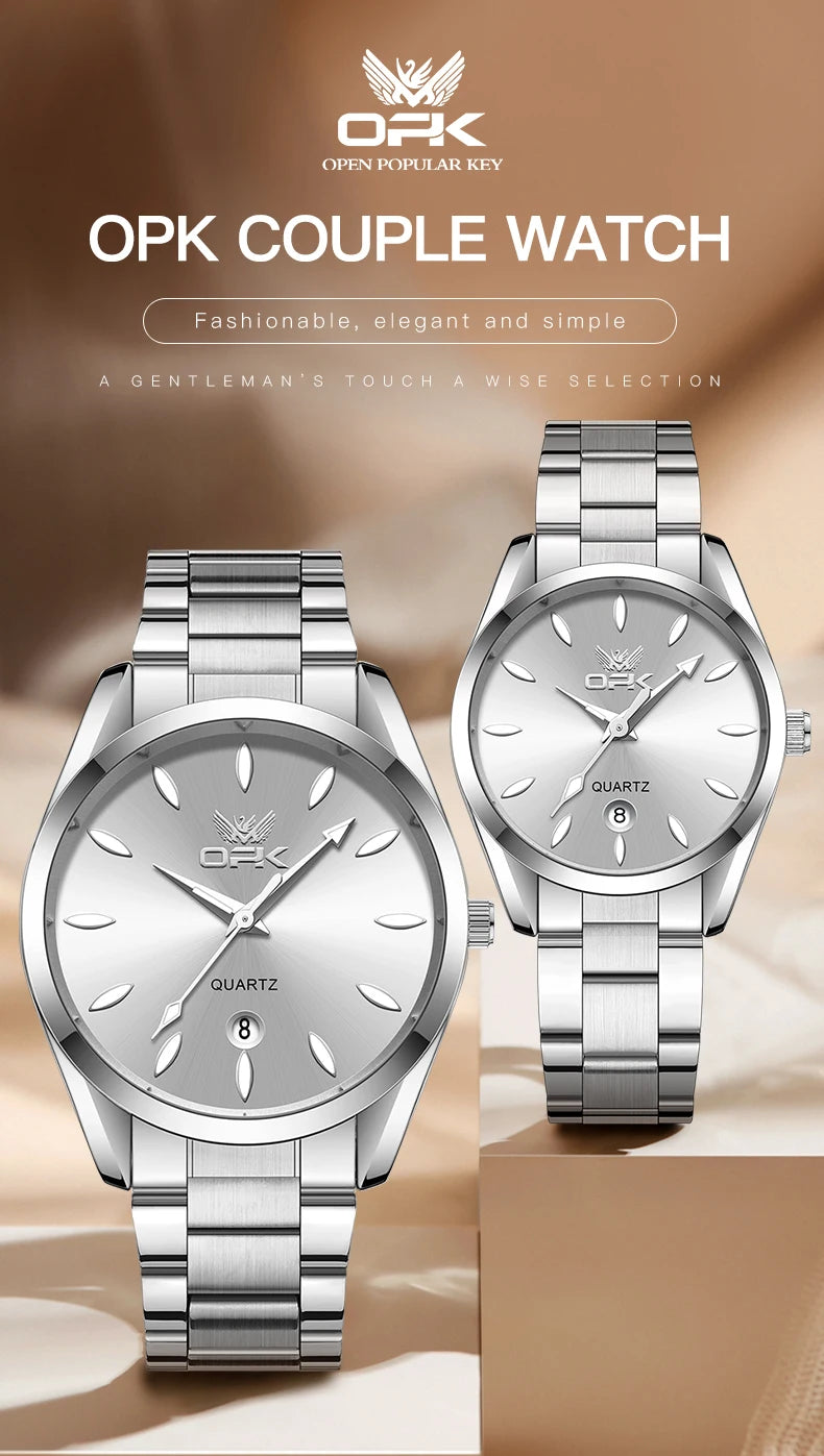 OPK 6038 Couple Watches Stainless steel Belt Deep Waterproof Calendar Hand Clock