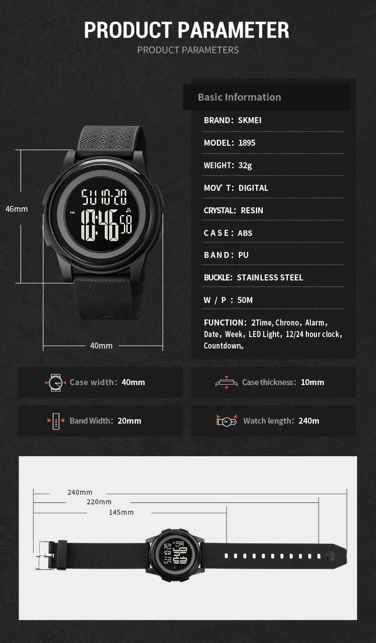 SKMEI 1895 Men LED Light Chrono Alarm Clock 5Bar Waterproof Digital Wristwatch relogio masculino Casual Countdown Sport Watches