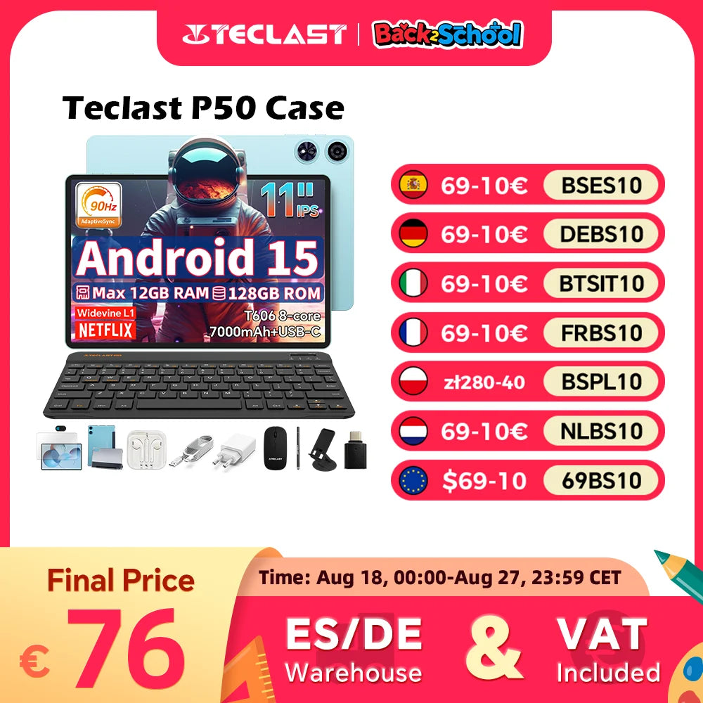 Teclast Tablet P50 Case Android 15 11" T606 8-Core Max 12GB RAM 128GB ROM P50 Case/Keyboard/Mouse/Stylus/Headphone/Stand