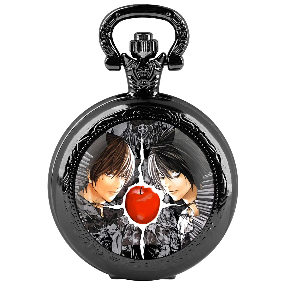 Death Note Design Black Quartz Pocket Watch Gift Set with Durable Chain and Arabic Numeral Face Timeless Present for Boy
