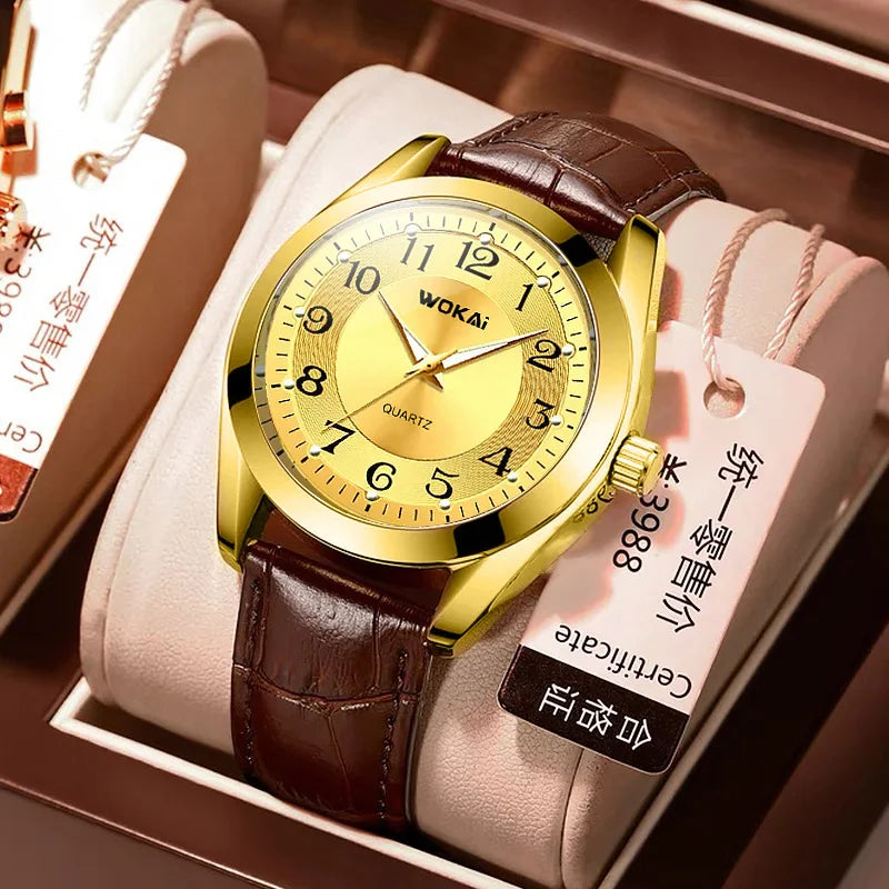WOKAI high quality fashion casual yellow gold men's leather belt quartz watch men's business sports digital clock retro