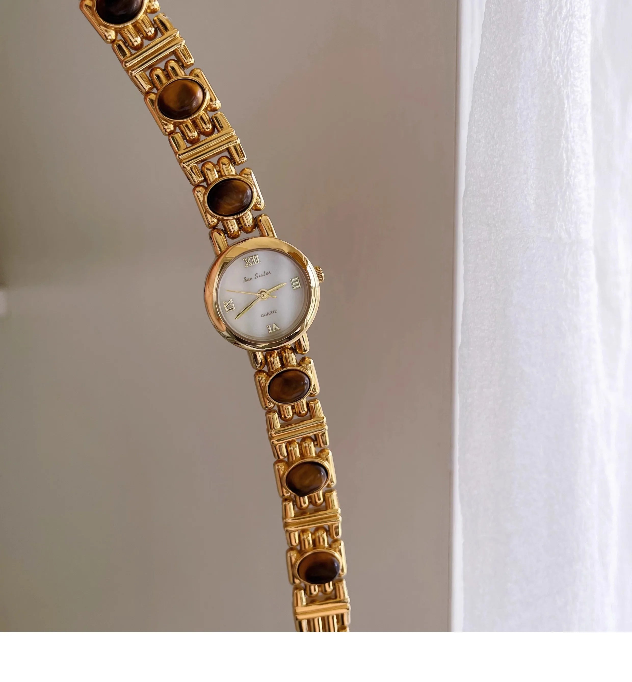 NEW Elegant Retro Watch Women Natural Brown Gemstone Jade Waterproof Round Dial Quartz Watch Female Bracelet Accessories Gift