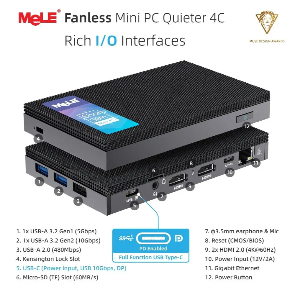 MeLE Fanless Mini PC Quieter4C N150 32GB 512GB Micro PC USB-C 2 X HDMI 4K@60 Triple Display Small Form Factor Desktop Computers