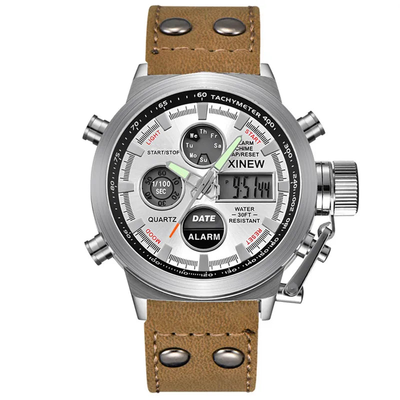 1pc / lot Men Genuine XINEW Brand Designer Watches Students Fashion Leather Band Alarm Stopwatch Electronic Watch Montre Homme