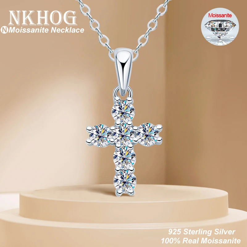 NKHOG 3mm Moissanite Cross Necklace S925 Sterling Silver 18k Gold Plated Pendant Women Men Wedding Party Gifts Fine Jewelry GRA