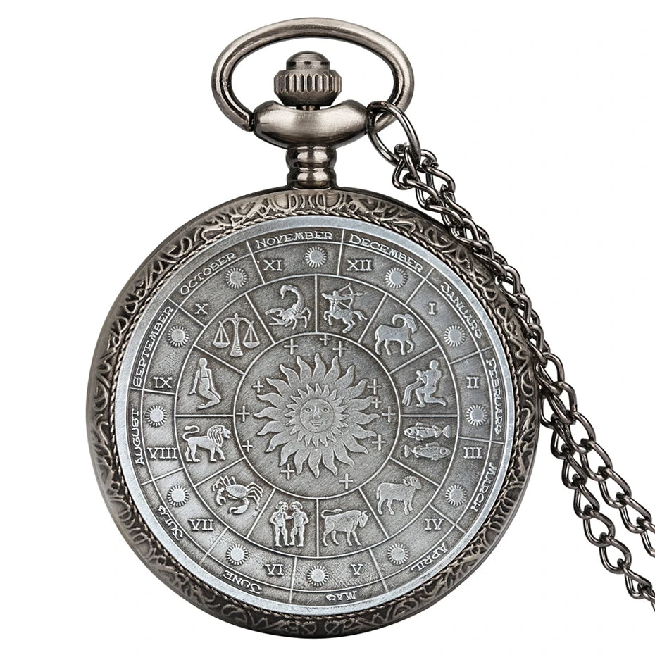 Retro Gray 12 Constellations Astrology Pattern Quartz Pocket Watch Necklace Chain Birthday Gifts Pendant Watch for Friend Unisex
