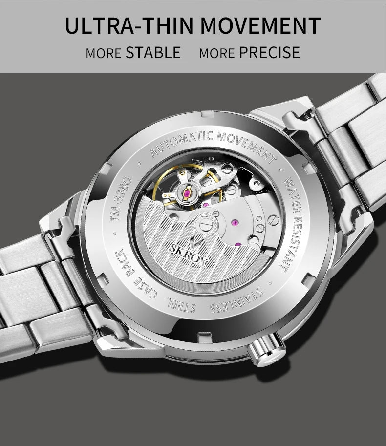 SKROX Elegant Luminous Waterproof Automatic Clockwork Tourbillon Skeleton Mechanical Men's Watch Mesh strap Luxury Wrist Watches