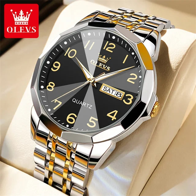 OLEVS 9970 Luxury Couple Watch Men Women Stainless Steel Waterproof Calendar Wristwatch Digital Dial Rhombus Mirror Lovers Watch