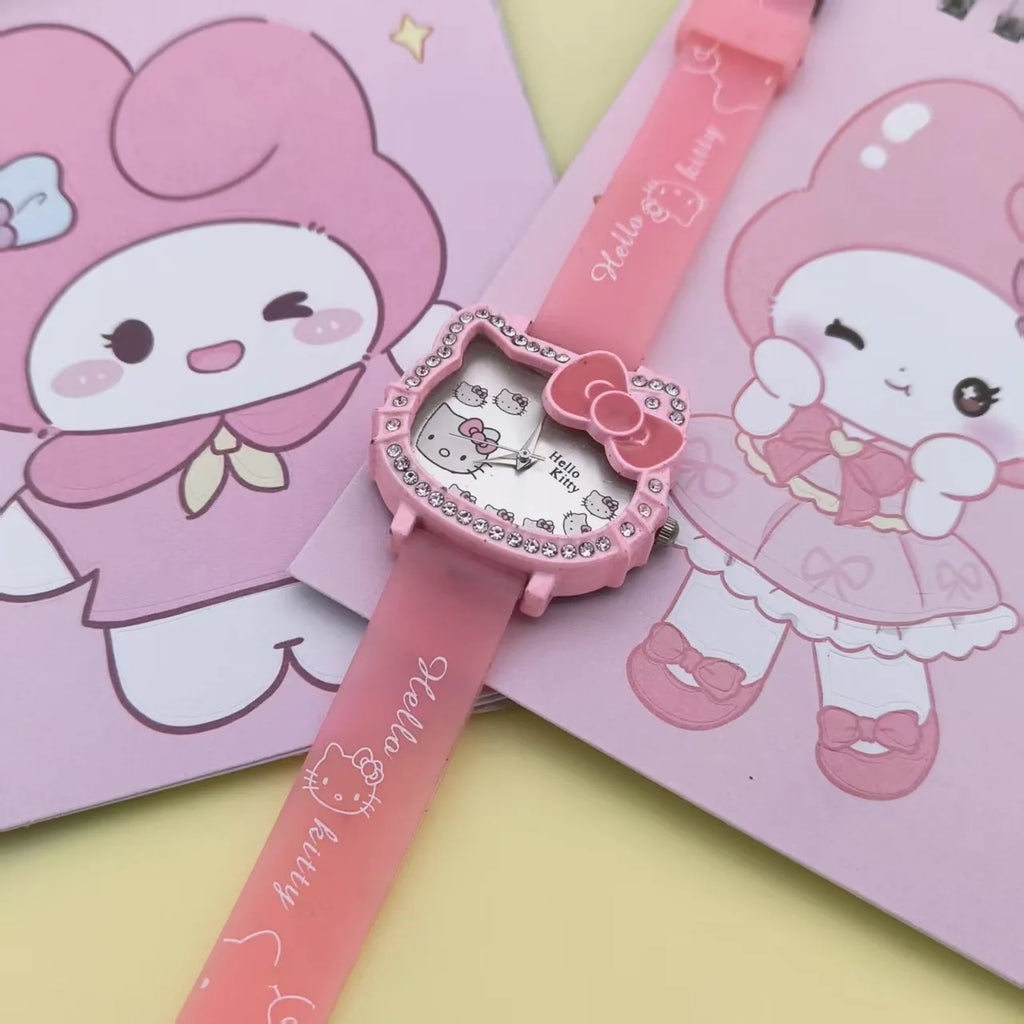 Cartoon Hello Kitty Electronic Watch Children's Cat Head Watch Bow Quartz Student Party Kids Girls Gifts Birthday Present