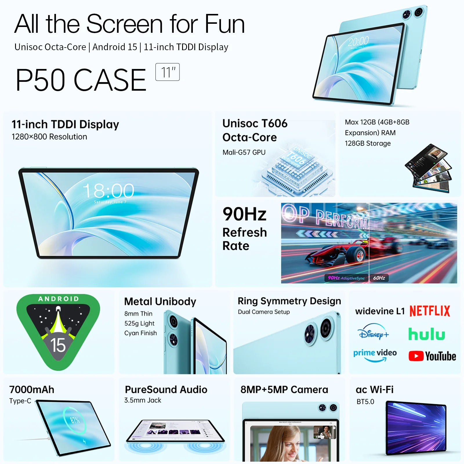 Teclast Tablet P50 Case Android 15 11" T606 8-Core Max 12GB RAM 128GB ROM P50 Case/Keyboard/Mouse/Stylus/Headphone/Stand