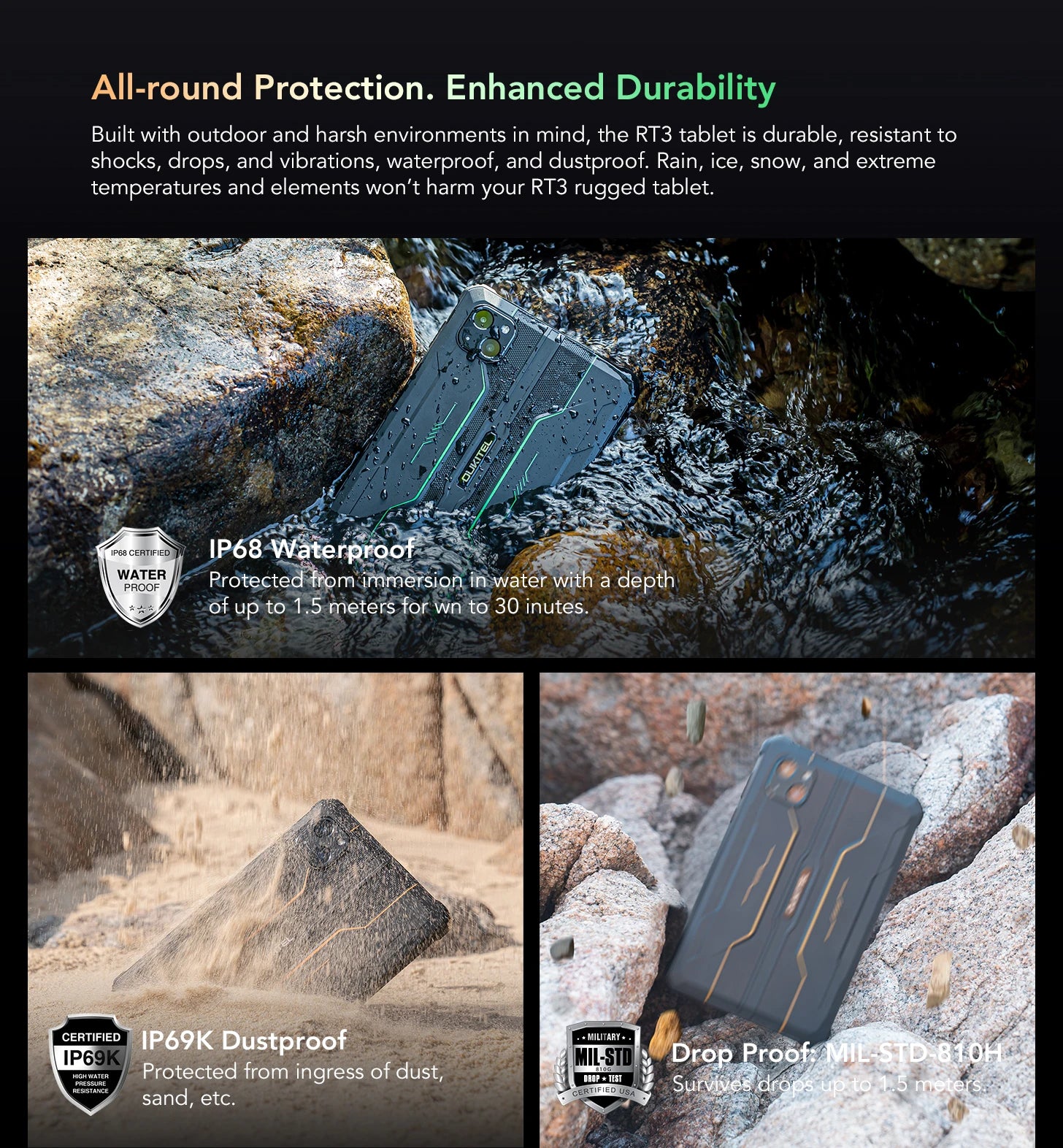 Oukitel RT3 Rugged Tablet 8 Inch HD+ 5150 mAh 4GB+64GB Android 12 Mtk Helio P22 16MP Camera Pad