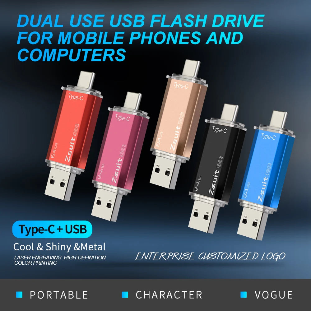 10Pcs/Lot Type-c Flash Drive 16GB 32GB Metal OTG 2 IN 1 Pen Drive 3.0/2.0 Memory Stick USB Free Logo cle Usb Waterproof U Disk