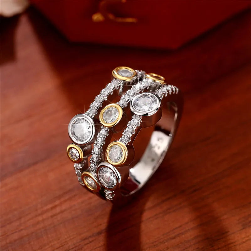 925 Sterling Silver Two Tone Three Line Rings Women Full Paved CZ Sparkling Female Wedding Bands Rings Fashion New Jewelry