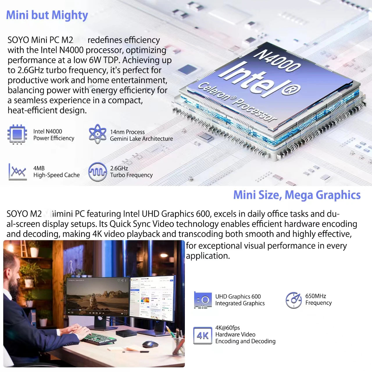 SOYO M2 Mini PC: Powerful 6GB RAM, 64GB EMMC, Intel N4000, Windows 11 - Compact & Ideal for Home, Business & Gaming