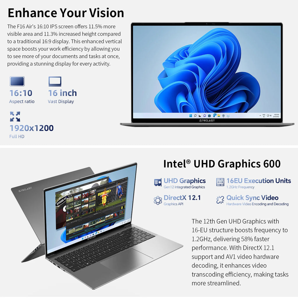 TECLAST F16 Air Laptop 16 inch Backlit Keyboard 180 Degree Flip 16GB RAM ROM 512GB 1920x1200 IPS fits Intel N95 CPU Support Mini-HDMI
