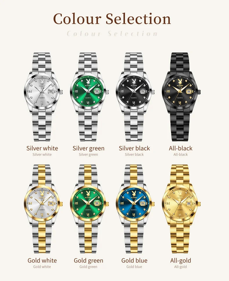 PLAYBOY New Original Luxury Women Watch Waterproof Calendar Luminous Stainless Steel Elegant Fashion Quartz Women's Wristwatch