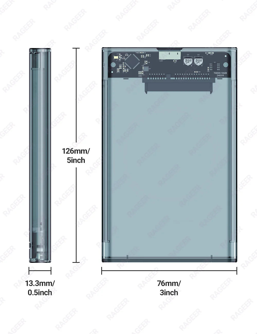 RAGEER Tool-Free Transparent Gray 2.5'' External Hard Drive Enclosure USB to SATA III 5Gbps HDD Case for 7mm/9.5mm Drives w/UASP