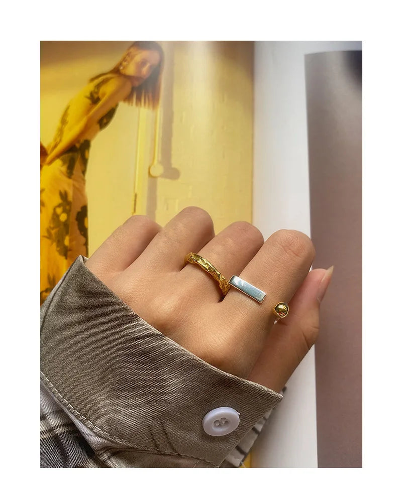 Real S925 Sterling Silver Rings Minimalist Contrast Color Open Ring Geometric Flat Glossry Index Finger Ring for Women