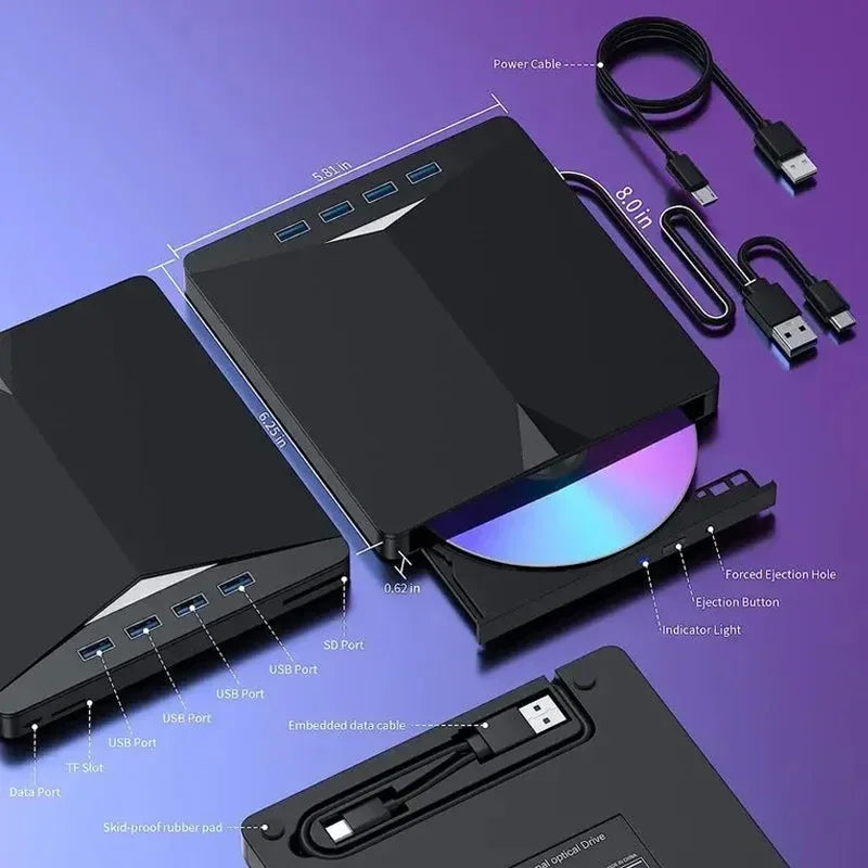 7-in-1 Portable DVD Drive USB 3.0 Type-C External RW CD Burner Drive Burner Reader Player Optical Drives For Laptop PC Netbook