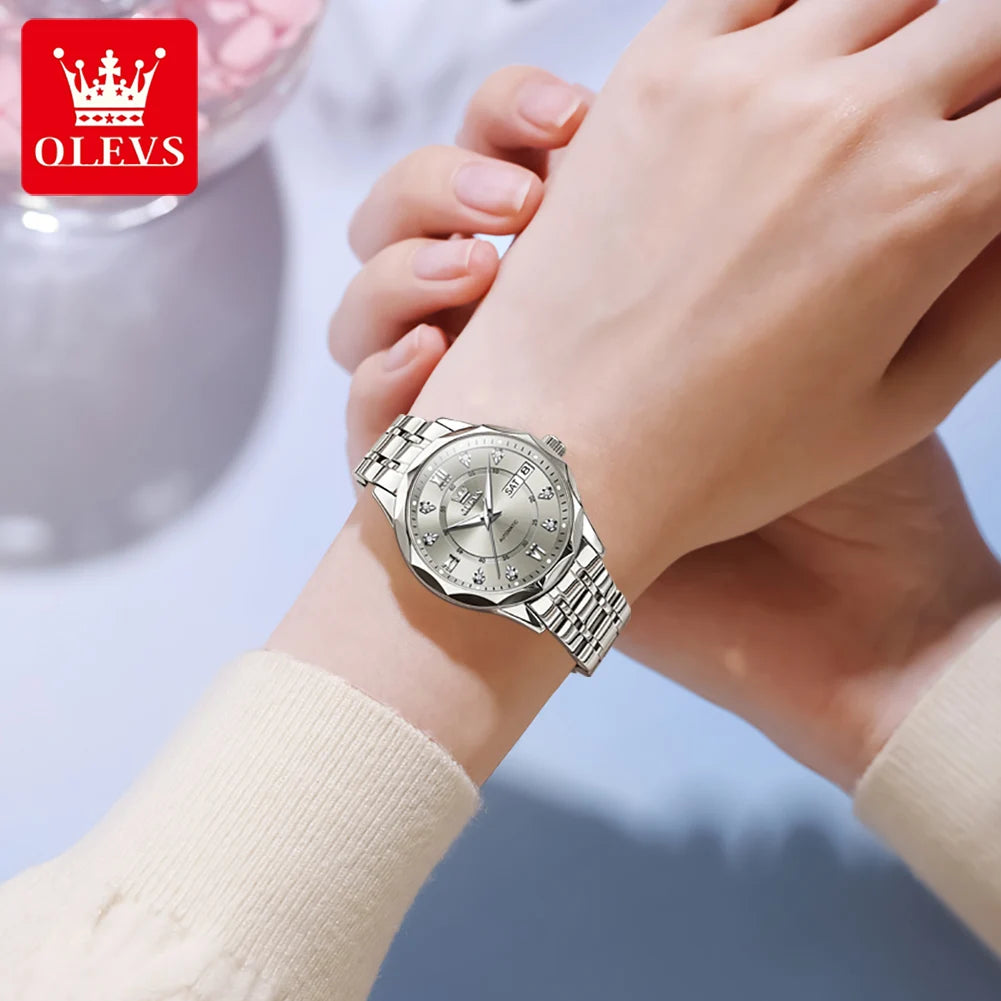 OLEVS 6727 Women's Watches Elegant Fashion Original Automatic Mechanical Watch for Lady Grey Double Scale Dial Waterproof Date