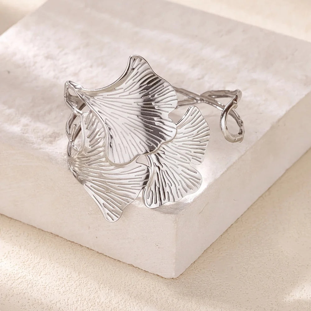 Women's Ginkgo Leaf Cuff Bracelet Elegant Stainless Steel Open Bracelet Jewelry Fashion Accessory Summer Waterproof Jewelry