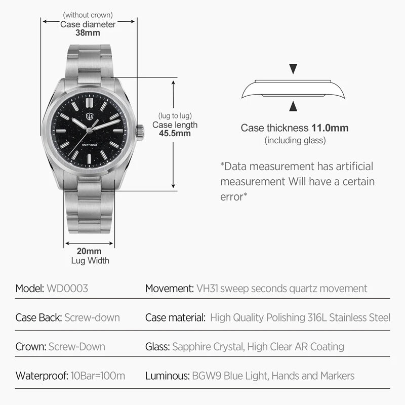 Watchdives WD0003B 36mm Quartz Men Watch VH31 Sweep Seconds Movement Stainless Steel Watches Luminous Waterproof Sapphire