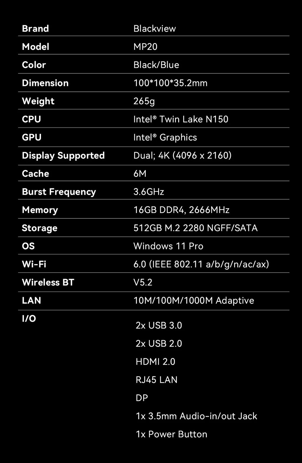 Blackview Mini PC MP20 Intel Twin Lake N150 Desktop Computer up to 3.6GHz 16GB DDR4 512GB SSD Wifi6 4 Cores 4 Threads Windows 11 Pro