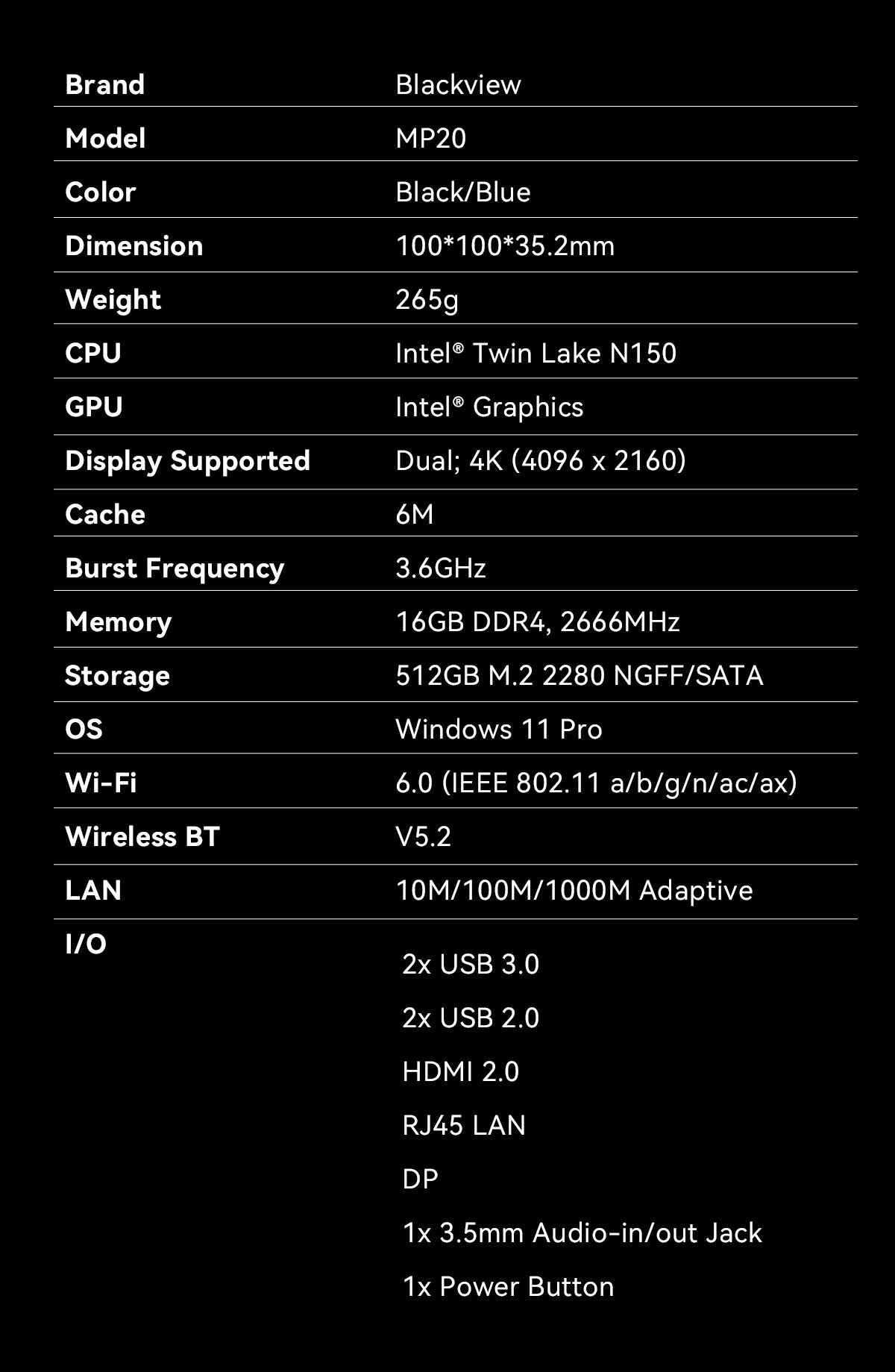 Blackview Mini PC MP20 Intel Twin Lake N150 Desktop Computer up to 3.6GHz 16GB DDR4 512GB SSD Wifi6 4 Cores 4 Threads Windows 11 Pro