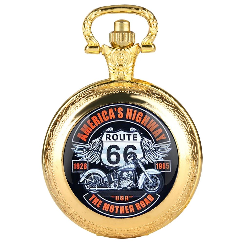 ROUTE 66 Glass Dome Black Quartz Pocket Watch with Arabic Numerals Dial and Durable Chain Gift for Men Women