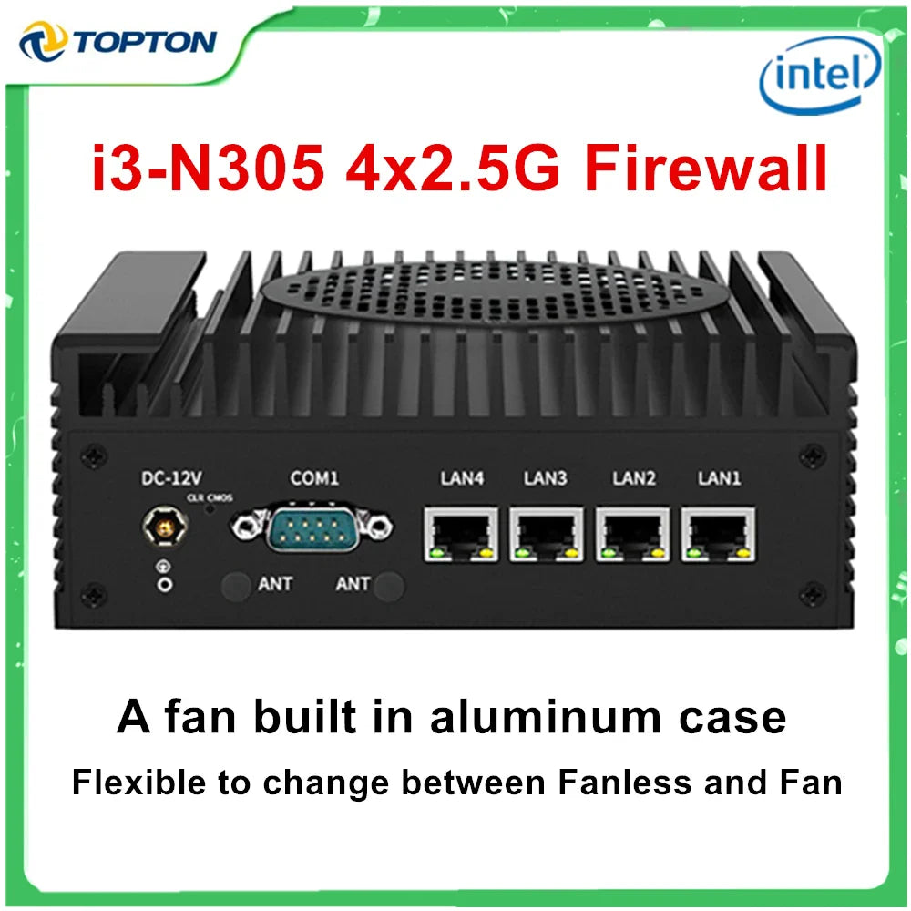 4x i226-V 2.5G Firewall Mini PC 12th Gen Intel i3 N305 N100 Soft Router DDR5 2*COM 2*HDMI Industrial Computer Efficient cooling