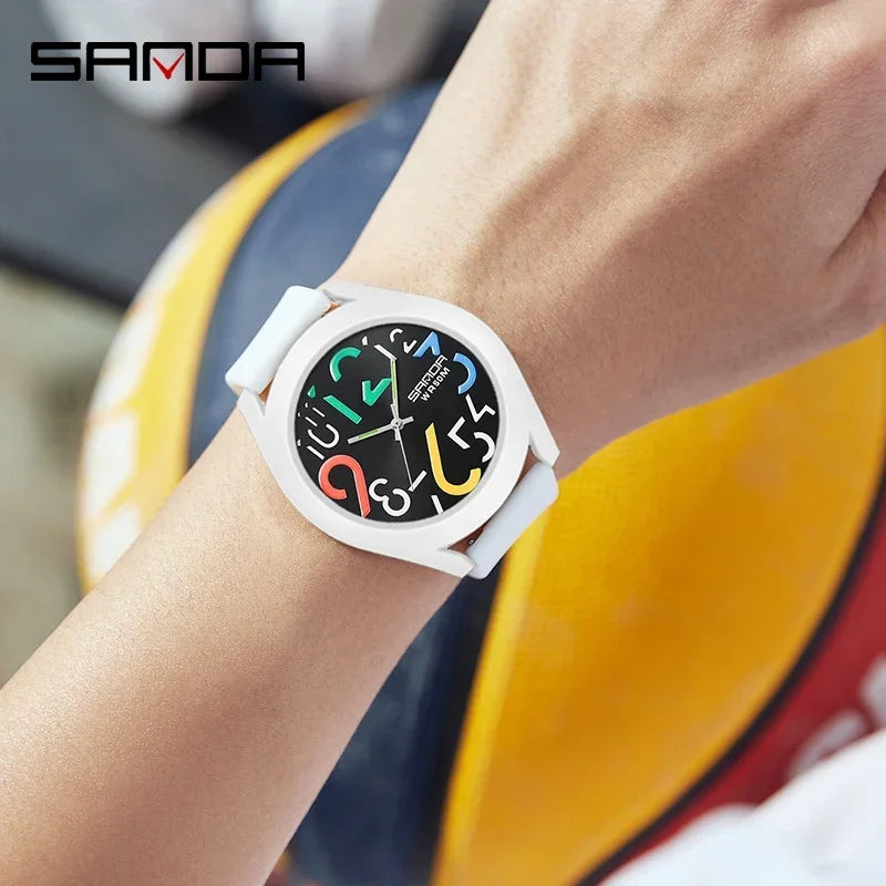 SANDA 9021  Creative Simple Girls 'Watch 2024 New Fashion White Casual Quartz Clock Men'S Watch Silicone Strap Waterproof Watch
