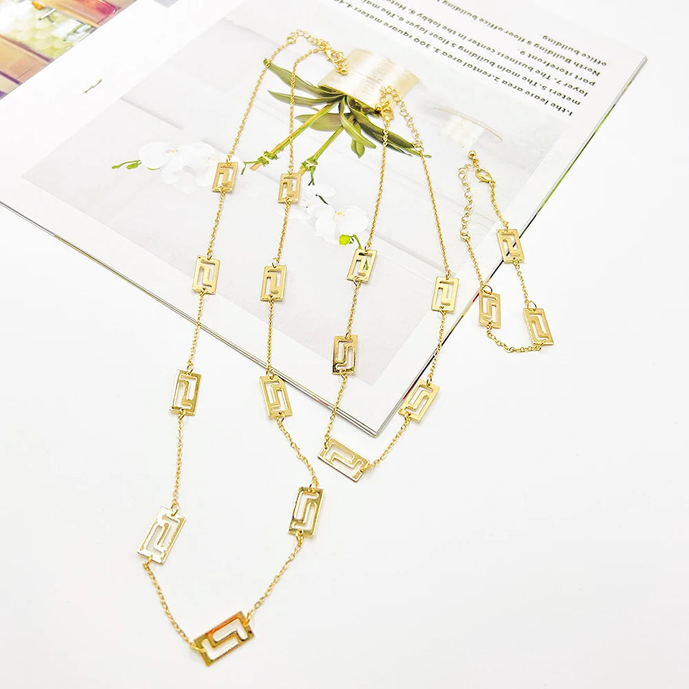 Fashion Long Chain Necklace with Bracelet Classic Gold Color Necklace for Women Trendy Bangles For Women Anniversary Party Gift