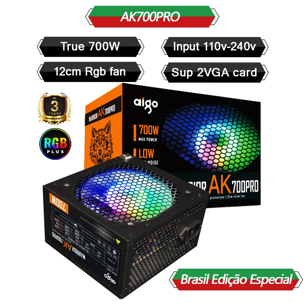 Aigo AK 500W 600W 700W PC PSU Power Supply Unit Gaming Quiet 120mm RGB Fan 220V ATX Desktop computer Power Supply for 7800x3d